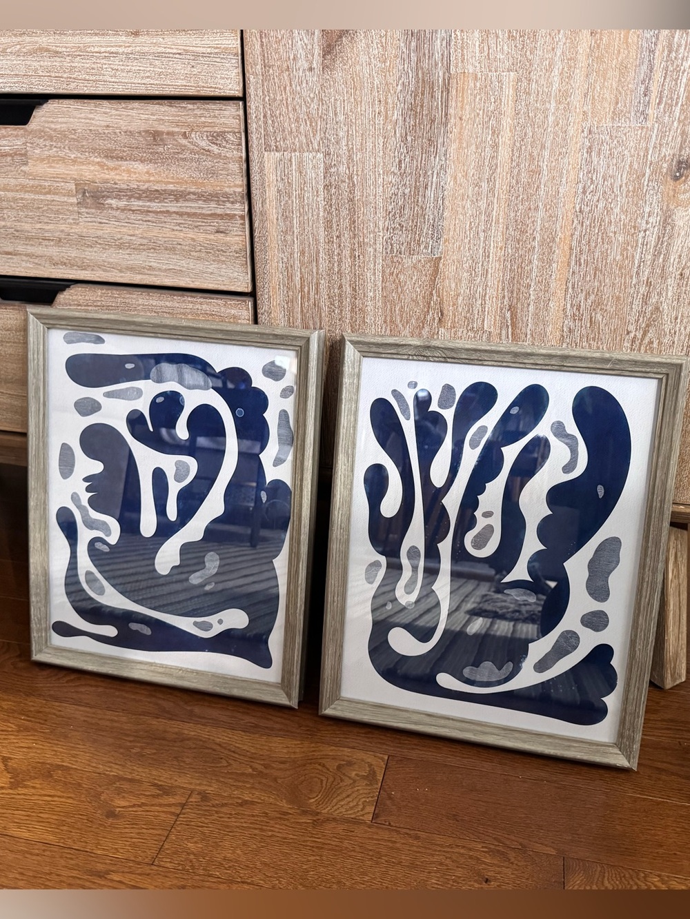Abstract Navy Blue Organic Shape Framed Prints - Set of 2